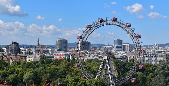 white modern ferris wheel  with blue sky background.