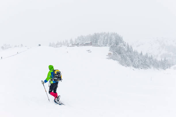 istock Hiker walk alone on fresh snow with snowshoes 641427222