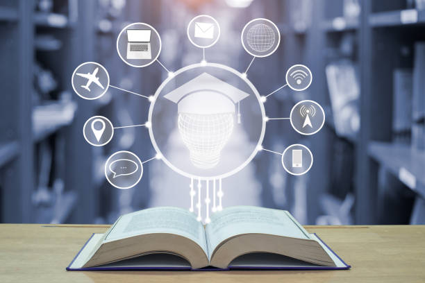 istock education technology concept,lamp with graduation hat and technology icon in blue tone library room 641427340