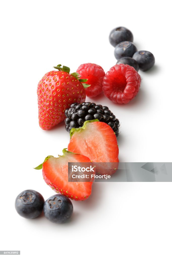 Fruit: Strawberry, Raspberry, Blueberry, Blackberry and Red Currant Fruit: Strawberry, Raspberry, Blueberry, Blackberry and Red Currant Isolated on White Background Berry Stock Photo