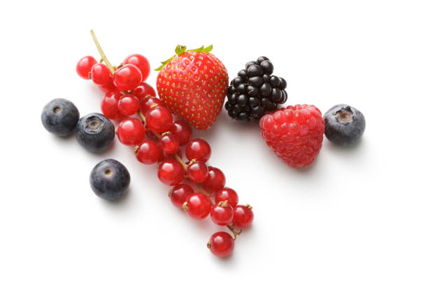 frutas : fresa, frambuesas y arándano, blackberry y grosella roja - blackberry fruit mulberry isolated fotografías e imágenes de stock