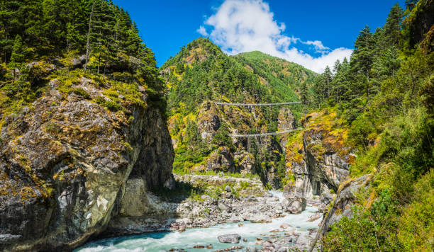 istock Rope bridges across mountain river canyon Everest trail Himalayas Nepal 641432200