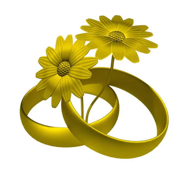 Wedding rings with two gold flowers, 3D rendering, isolated on white.