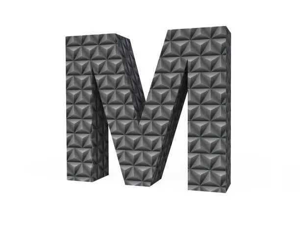 3D Black Metallic Letter M With Diamond-cut Pattern Isolated on White Background
