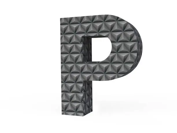 3D Black Metallic Letter P With Diamond-cut Pattern Isolated on White Background