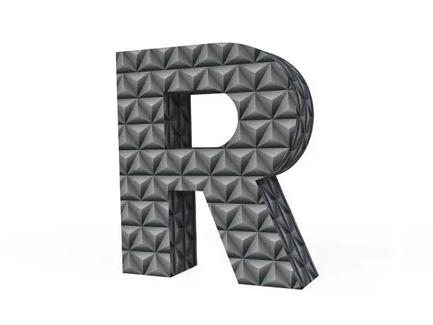 3D Black Metallic Letter R With Diamond-cut Pattern Isolated on White Background