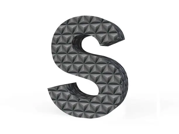 3D Black Metallic Letter S With Diamond-cut Pattern Isolated on White Background