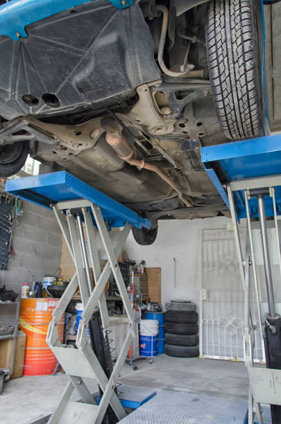 The chassis of a car viewed from below