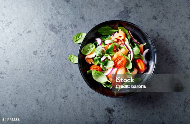 Salmon Salad With Baby Spinach And Corn Salad Stock Photo - Download Image Now - Salad, Salad Bowl, Bowl