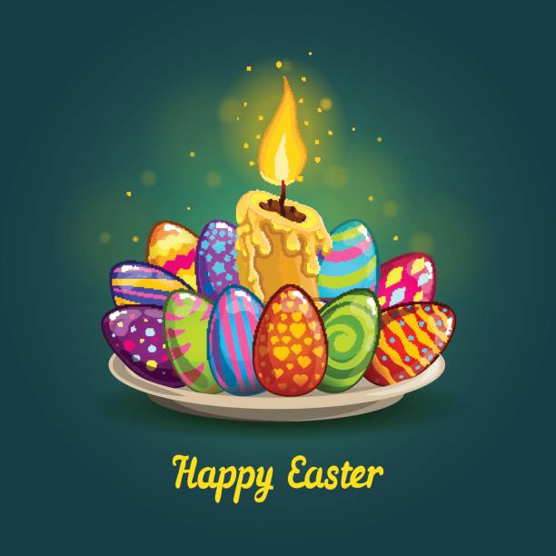 illustrazioni stock, clip art, cartoni animati e icone di tendenza di carta con uova di pasqua e candela - easter greeting card eggs illuminated