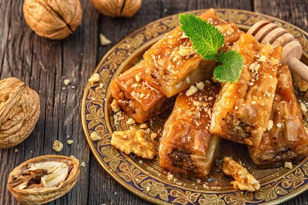 istock Traditional arabic dessert Baklava with honey and walnuts 641444118