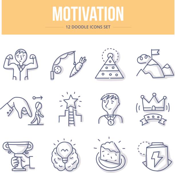 ilustraciones, imágenes clip art, dibujos animados e iconos de stock de iconos de doodle de motivación - mejora personal