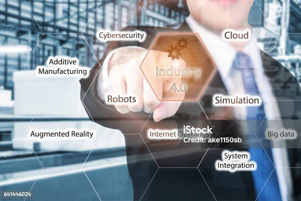 Businessman Touching Industry 40 In Virtual Interface Screen Stock Photo - Download Image Now