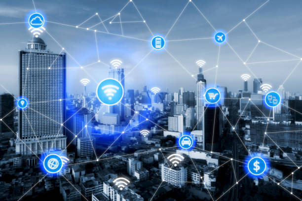 istock Smart city and wireless communication network, business district 641446636
