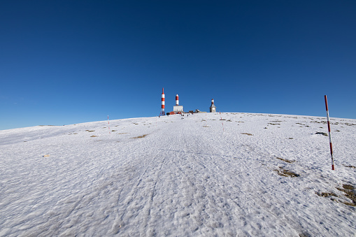landscape of snow mountain summit, named Bola del Mundo, World Ball, in Navacerrada, Sierra de Guadarrama National Park, Madrid Spain Europe