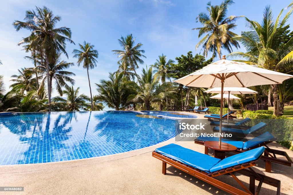 Beautiful tropical beach front hotel resort with swimming pool, sunshine Beautiful tropical beach front hotel resort with swimming pool, sun-loungers and palm trees during a warm sunny day, paradise destination for vacations Swimming Pool Stock Photo