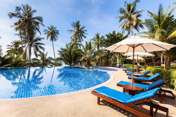 Beautiful tropical beach front hotel resort with swimming pool, sunshine Beautiful tropical beach front hotel resort with swimming pool, sun-loungers and palm trees during a warm sunny day, paradise destination for vacations beach umbrella photos stock pictures, royalty-free photos & images