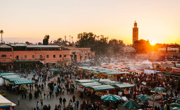 Sunset Djemaa El Fna Square with Koutoubia Mosque, Marrakech, Morocco