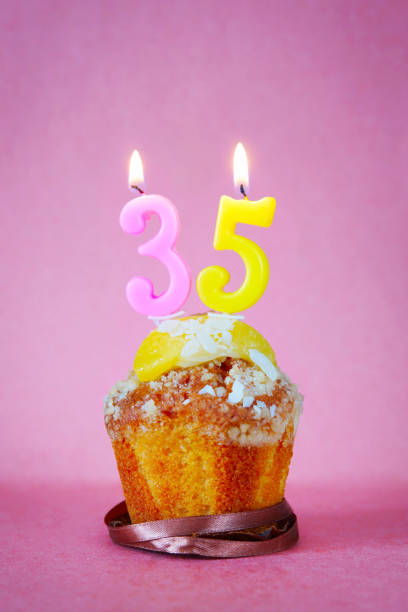 istock Muffin with burning birthday candles as number thirty five 641452426