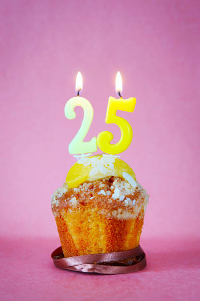 istock Muffin with burning birthday candles as number twenty five 641453038