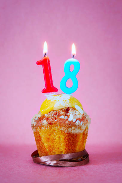 istock Muffin with burning birthday candles as number eighteen 641453426