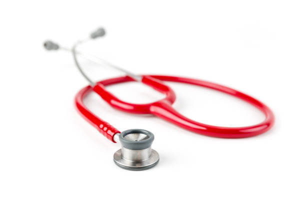 istock Red medical stetoskop isolated on a white background. 641455736