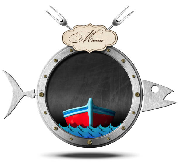 Illustration of a blackboard in the shape of a fish with boat, waves, label with text Menu and two forks. Template for seafood menu