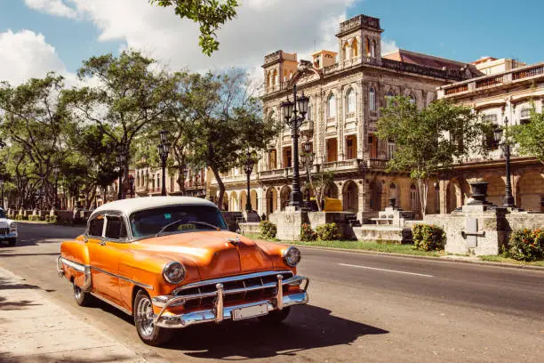 Classic car parked at Paseo del Prado in Old Havana, Cuba.