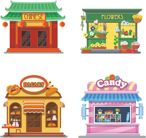 Vector illustration of Nice showcases of shops. Bakery, candy store, chinese food, flower outlet. Flat vector illustration set.