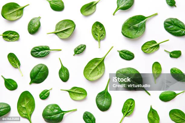 Spinach Pattern Background On White Top View Stock Photo - Download Image Now - Spinach, White Background, Pattern