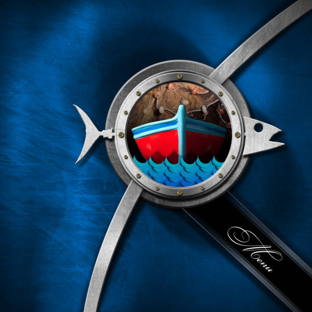 Square seafood menu with porthole, metal fish, boat, blue waves and fishing net on a blue and metallic background with text Menu