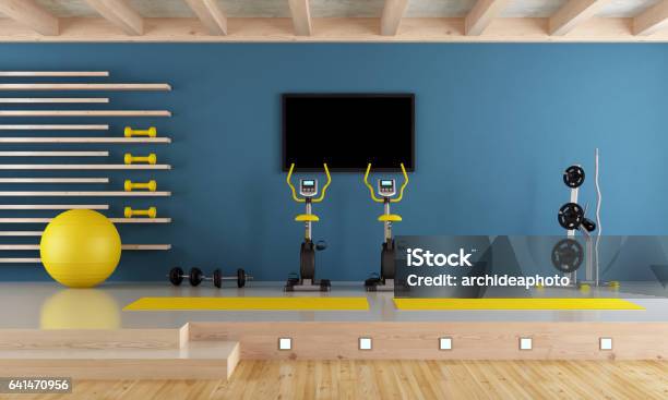 Blue Room With Gym Equipment Stock Photo - Download Image Now - Gym, Domestic Room, Exercise Equipment