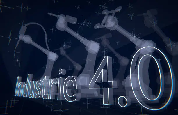 Industrie 4.0 (Industry 4.0) illustrated in a 3D rendering with industrial robots and letters