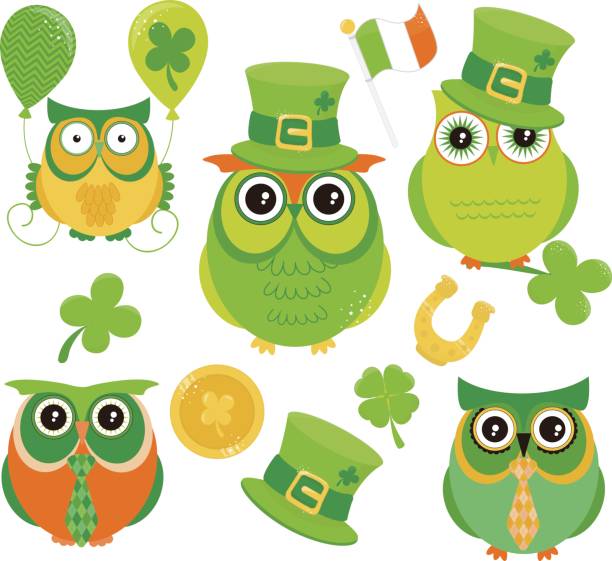 saint-patrick owls - zielona sowa - owl clover stock illustrations