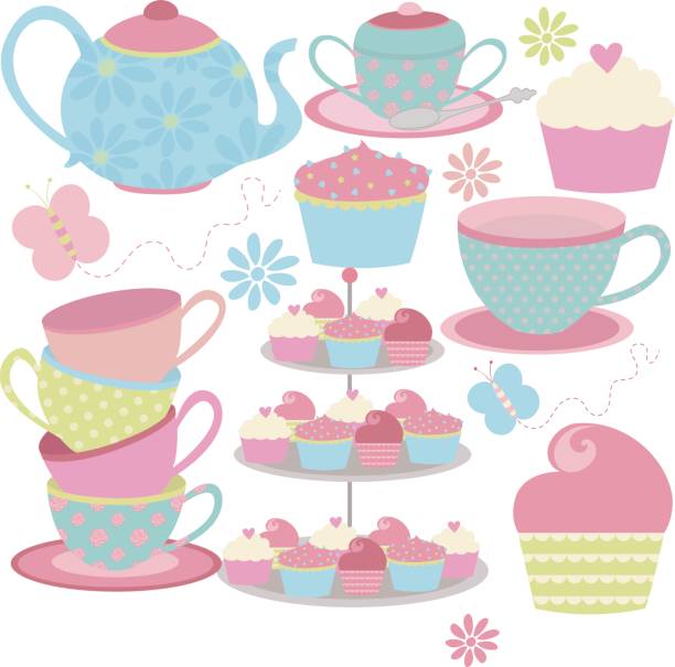 filiżanki do herbaty z dzbankiem na herbatę i cupcakes - vector cup tea cup white background stock illustrations