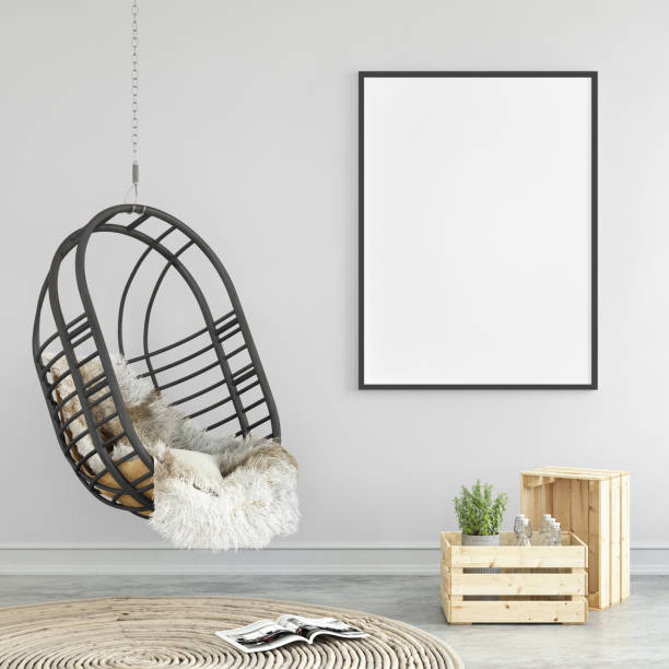 Interior hipster mock up wall background Blank picture poster frame template. Hanging chair in the living room interior with wall in the background. copy space mock up template. square composition. Carpet, hipster design elements armchair photos stock pictures, royalty-free photos & images