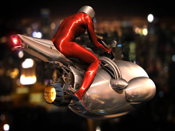 Motorcycle in The Future Futuristic motorcycle and pilot is flying with new generation jet technology in the futuristic city. scenery video stock illustrations