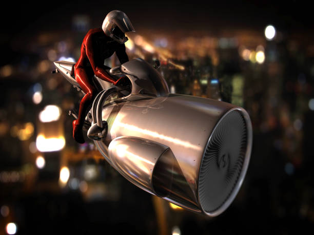 Air Travel in The Future Futuristic air bike and pilot is flying with new generation jet technology in the future. woman driving car night stock illustrations