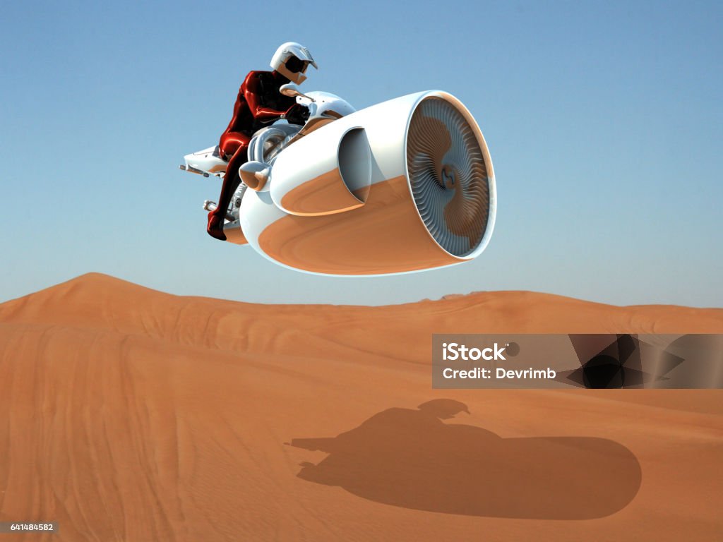 Airborne Motorcycle and Desert Adventure Futuristic motorcycle and pilot is flying with new generation jet technology on the desert. Futuristic stock illustration