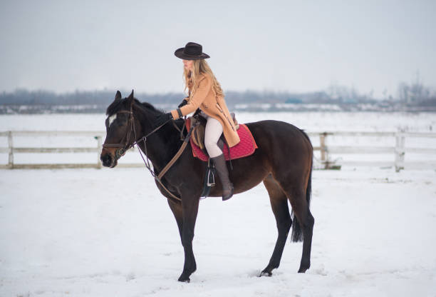 istock Woman enjoying winter breaks with her horse 641485208