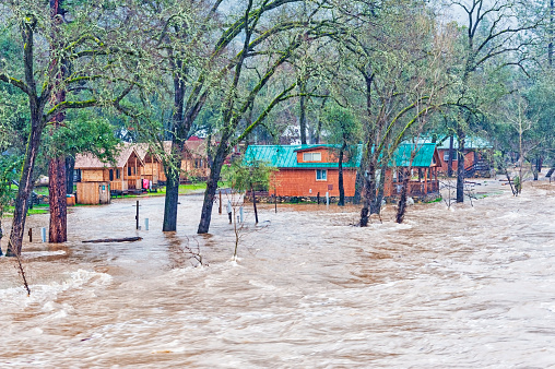 This campground next to the South Fork of the American River is now becoming part of the river due to unexpected excessive rain and snow melt in Coloma California