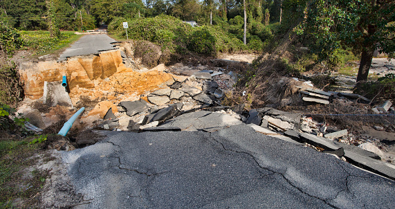 Road washed out after Hurricane Matthew in Raeford North Carolina