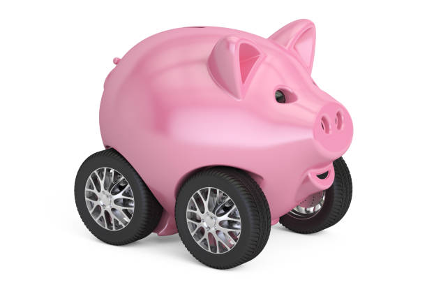 istock Piggy bank on car wheels, 3D rendering isolated on white background 641493698