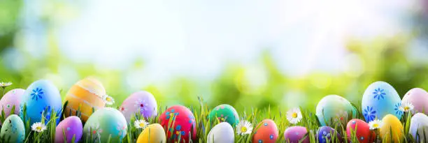 Banner - Painted Eggs In Row On Grass