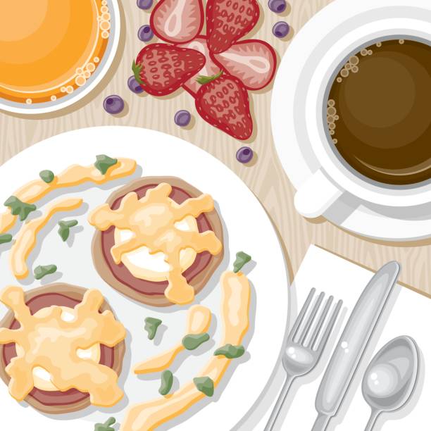 illustrations, cliparts, dessins animés et icônes de vue aérienne des aliments du petit déjeuner - oeuf poché