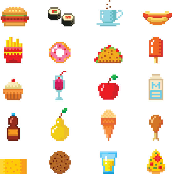 vektor-pixel-kunst-essen-computer-design-ikonen - hamburger schnellgericht stock-grafiken, -clipart, -cartoons und -symbole