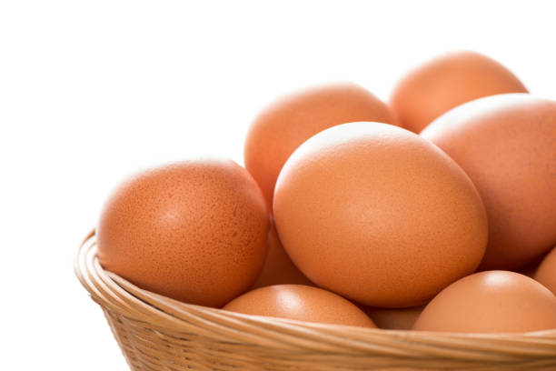 istock Close Up of Brown Eggs in Wicker Tray Copy Space 641508936
