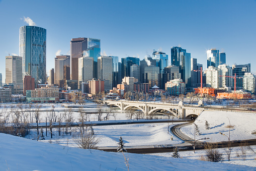 Photo of the downtown Calgary city skyline as seen from Crescent Heights, February 2017.