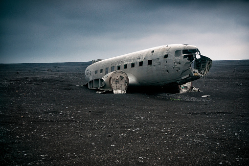 Old remnant of a US Navy plane that crashed on a lava field in central Iceland