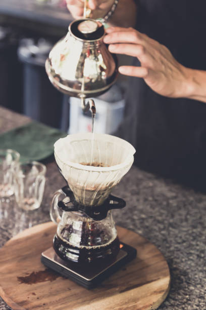 istock drip coffee, barista pouring water on coffee ground with filter 641512158